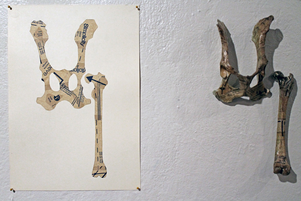 collage drawing & object (hip bone, femur)