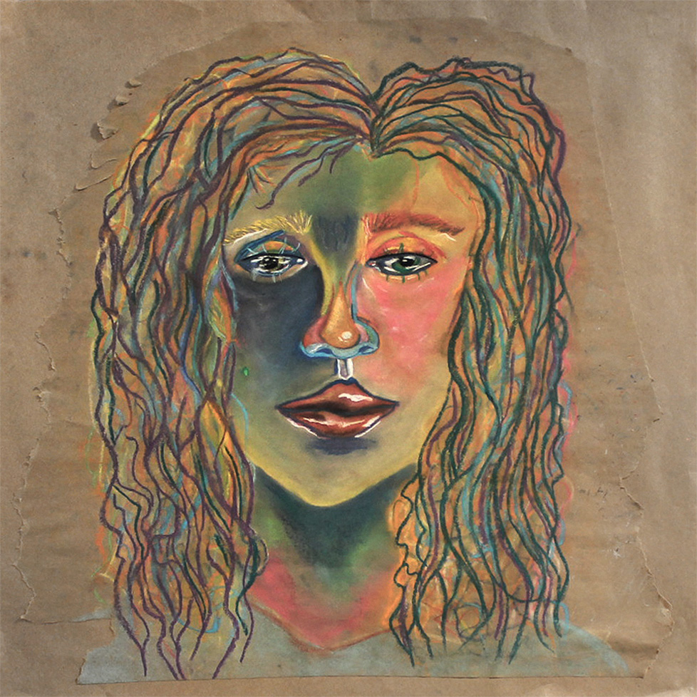 pastel self-portrait on torn brown paper