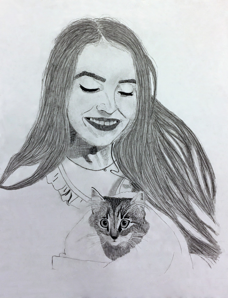 drawing of woman with cat