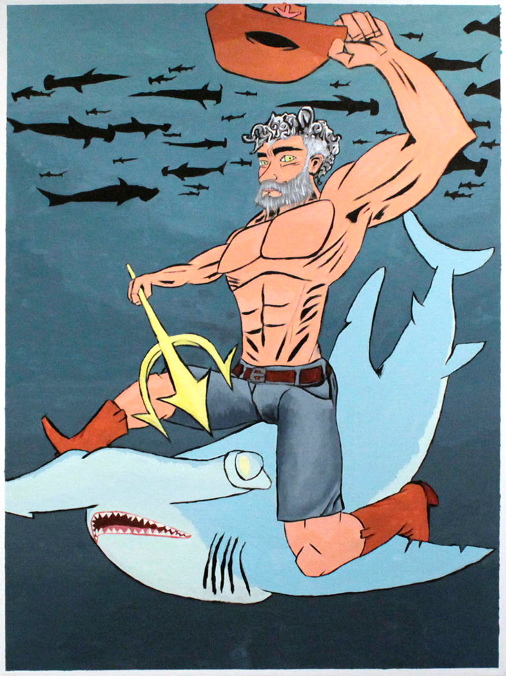 Painting: Poseidon as a cowboy riding a shark