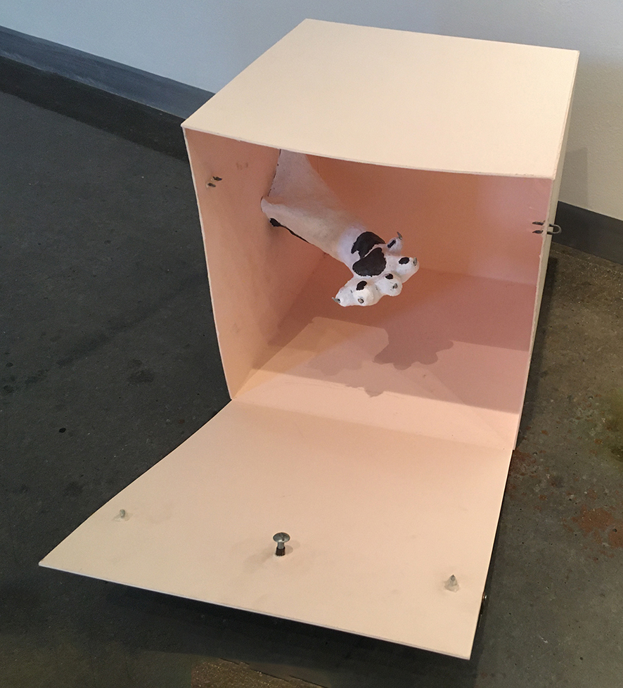 sculpture: matboard box, open with cat arm inside