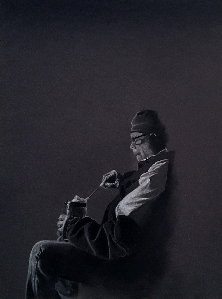 drawing on black paper of seated man eating