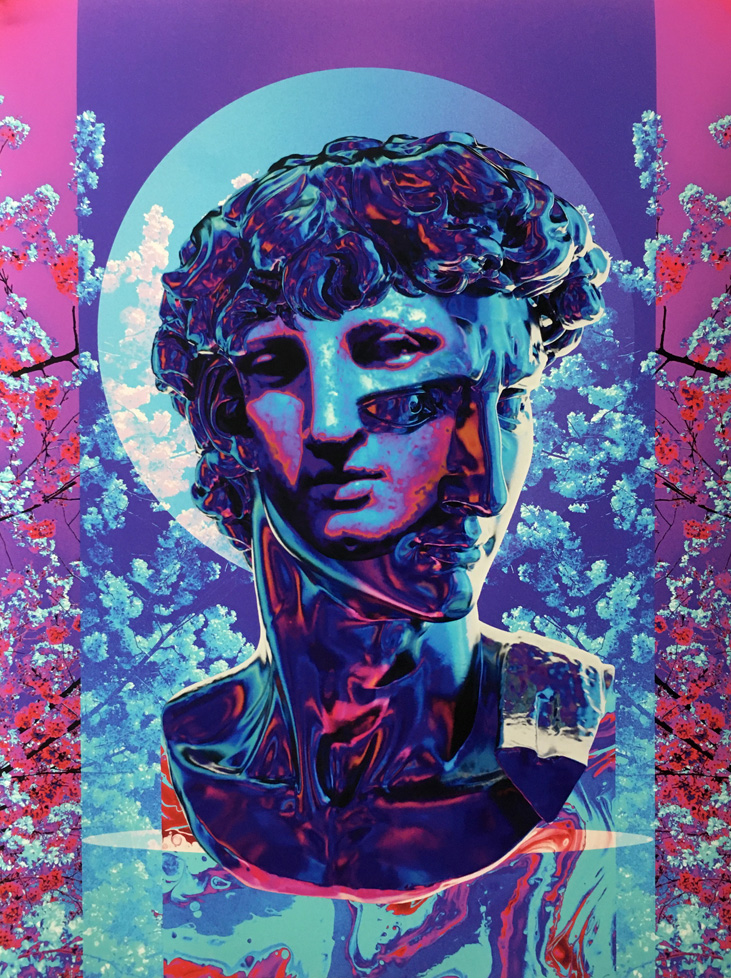 digital print: overlapping faces in blues and pinks