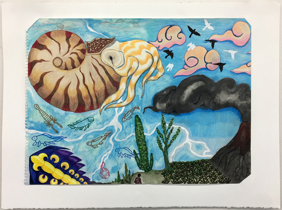 painting: sea creatures, birds, a volcano, and a small figure