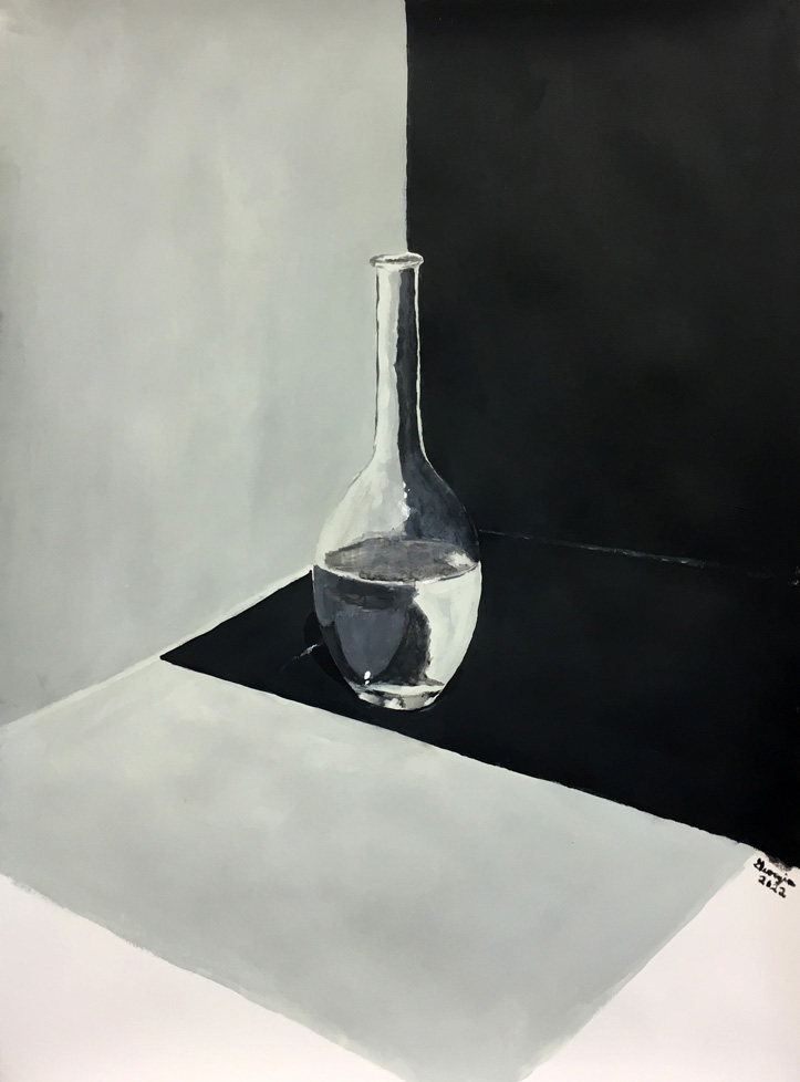 painting of a bottle in black and white