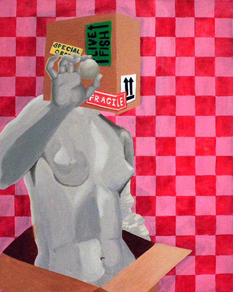 painting of gray nude with cardboard box on head, checkered pink background