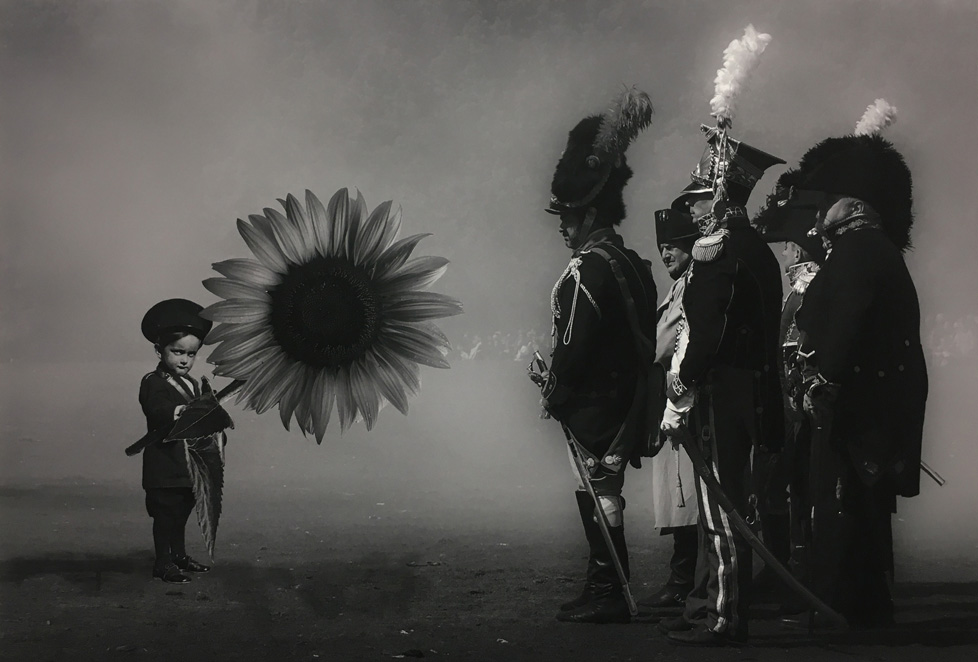 digital print: collage of military figures with boy holding over-sized sunflower