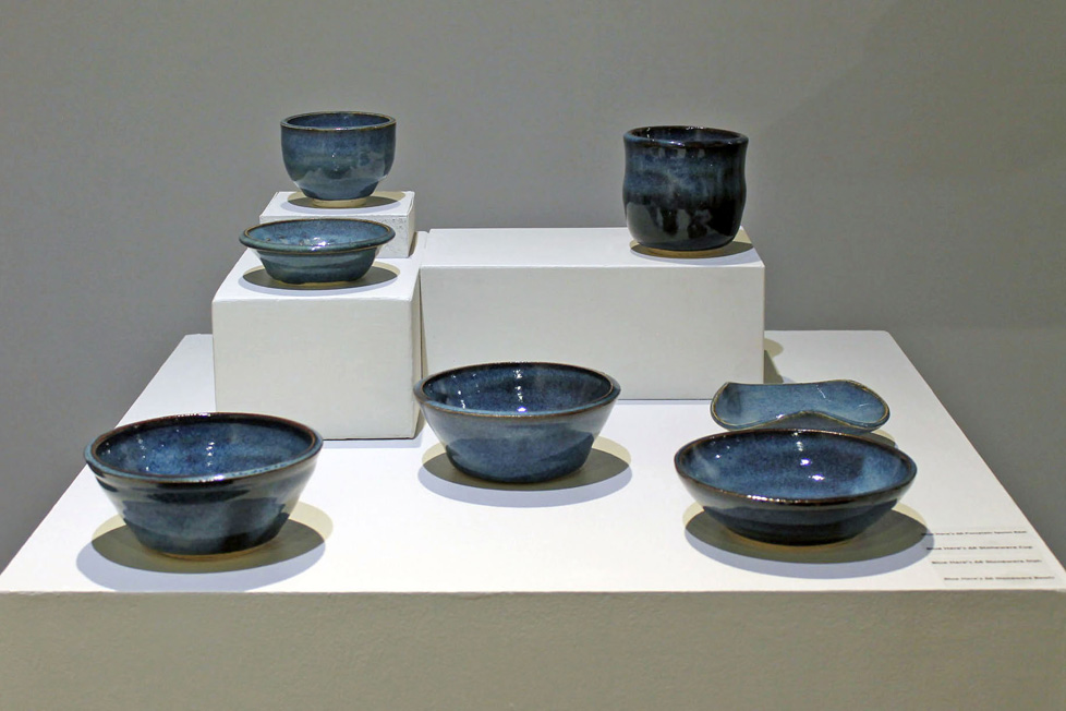 a set of blue dishes