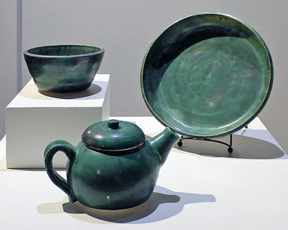 matching green ceramic bowl, tray, and teapot