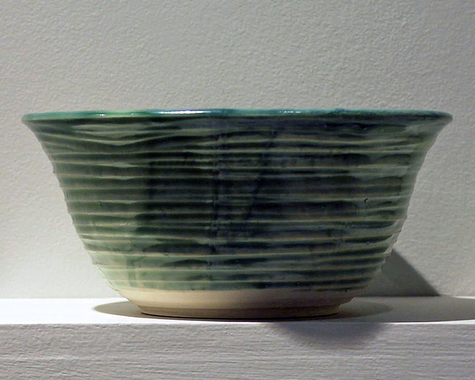 spearmint green porcelain bowl with horizontal ridges