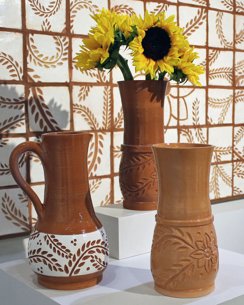 two earthenware vases & a pitcher