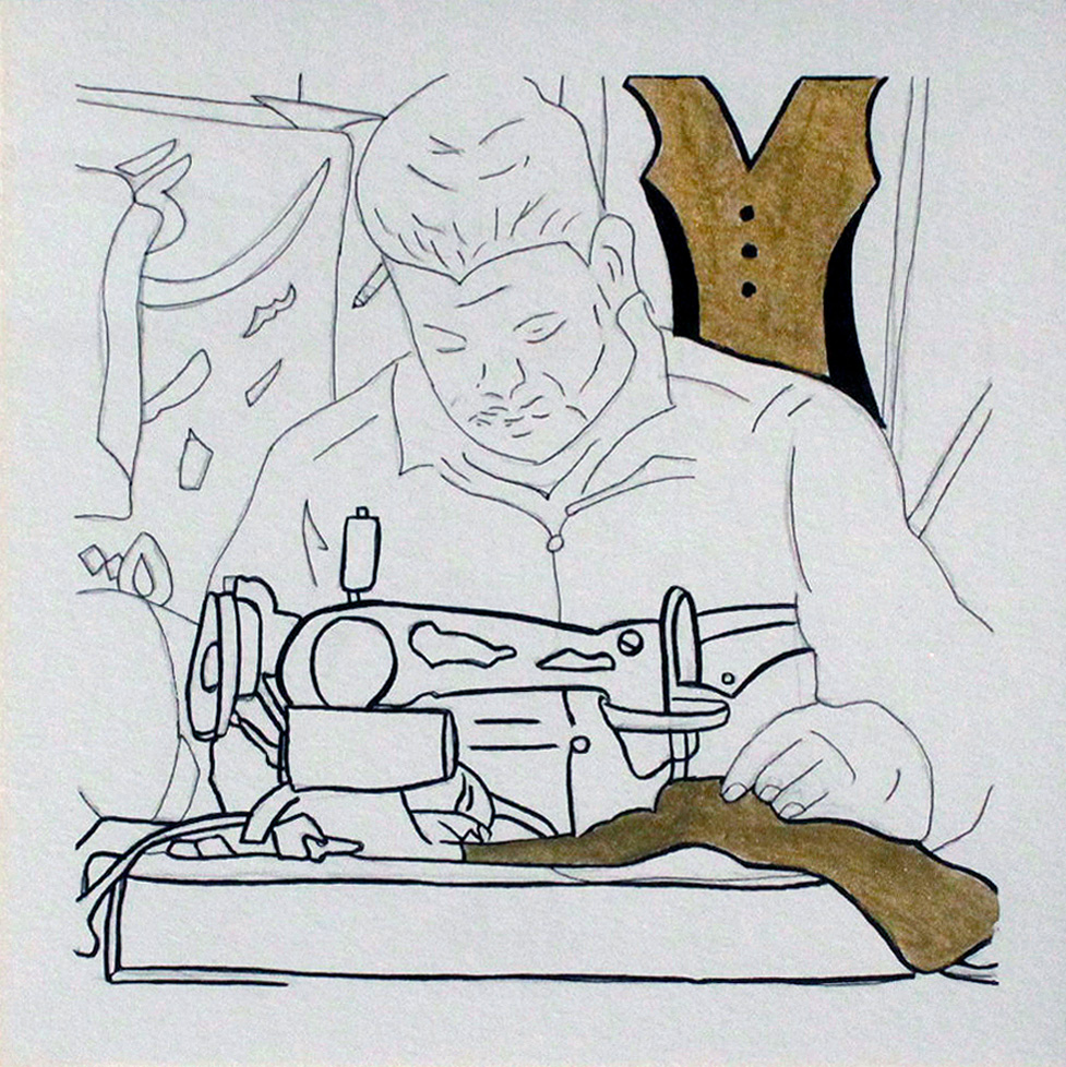 drawing of person at sewing machine