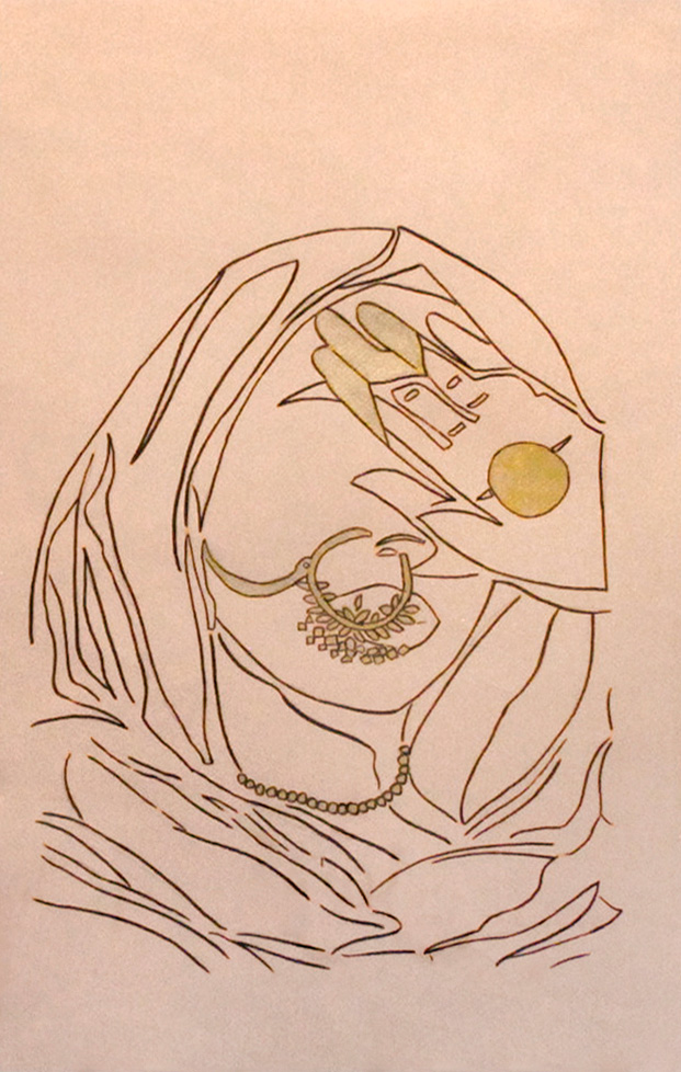 line drawing of woman with head covering and gold jewelry