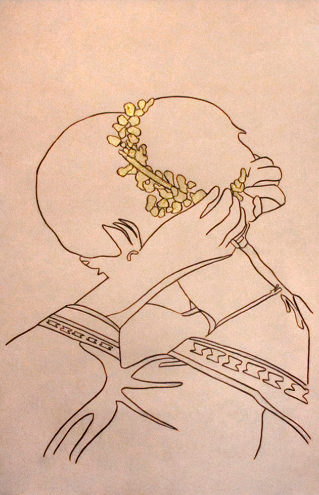 line drawing of woman's hair bun with gold laurel