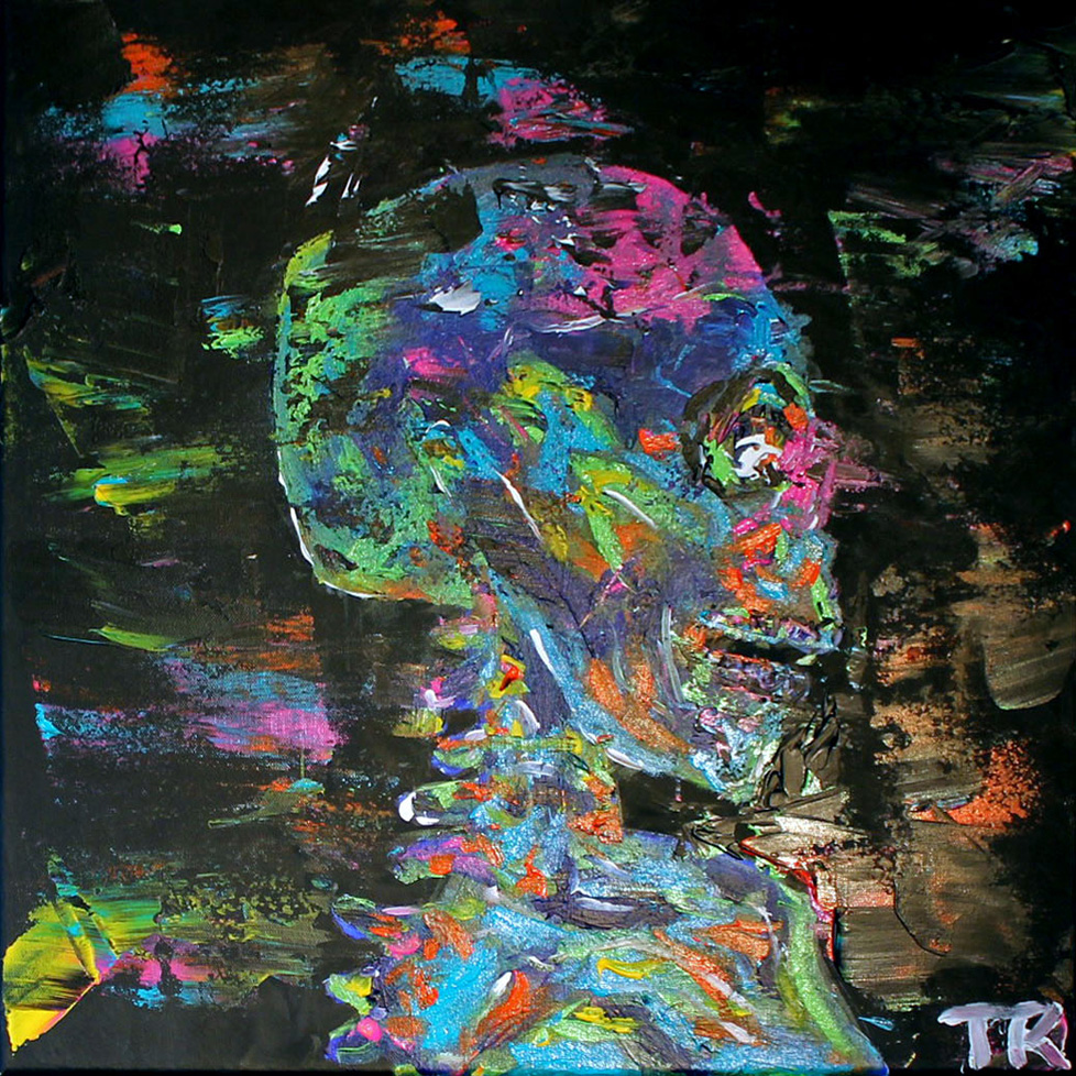 colorful painting of skeletal bust