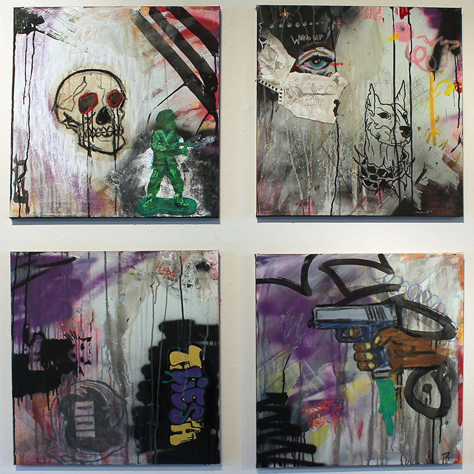 grid of four graffiti-style paintings
