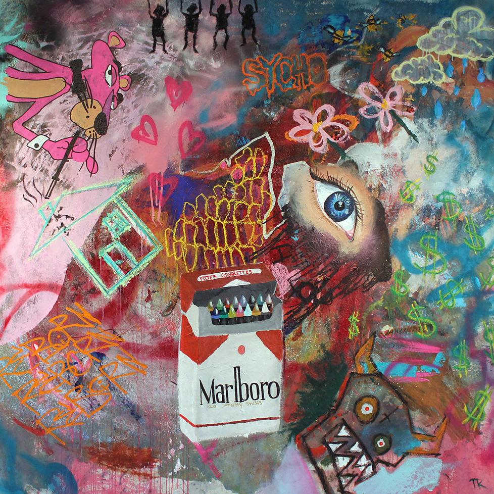 graffiti-style painting with lots of elements including the pink panther, a cigarette box of crayons, an eyeball, and a monster face