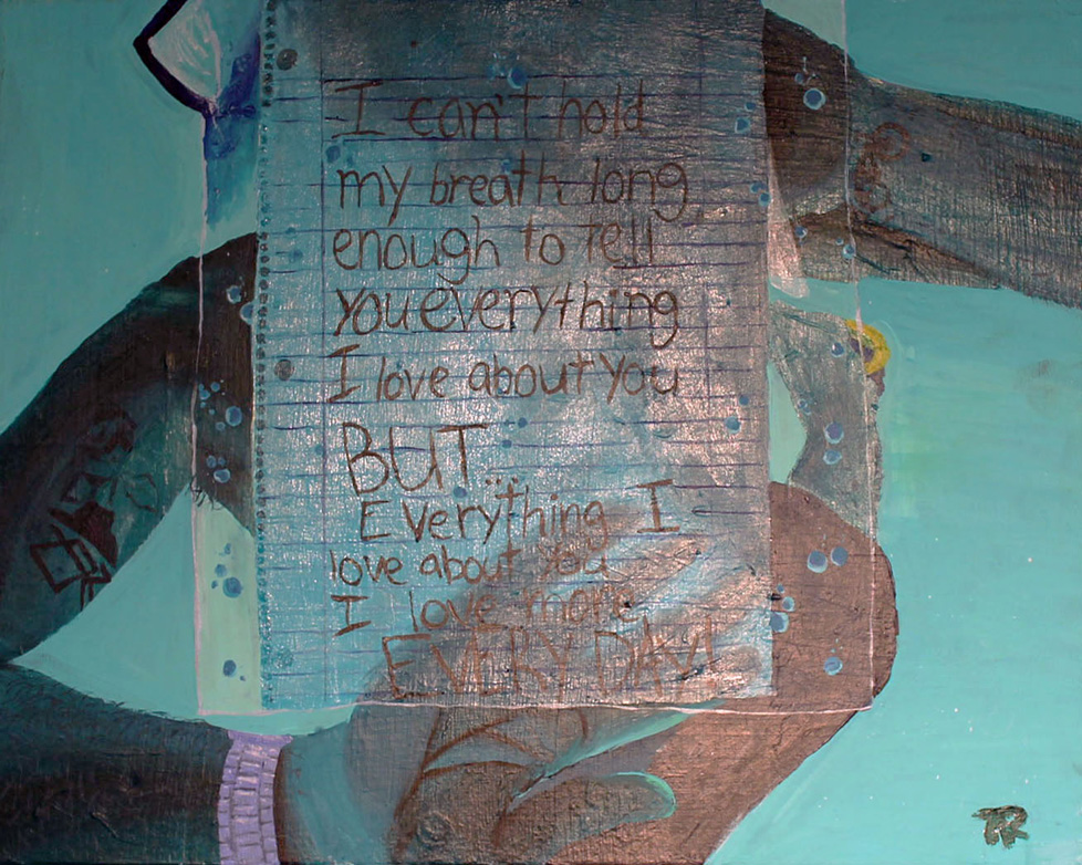 painting of person underwater holding a note on lined paper in a plastic sleeve