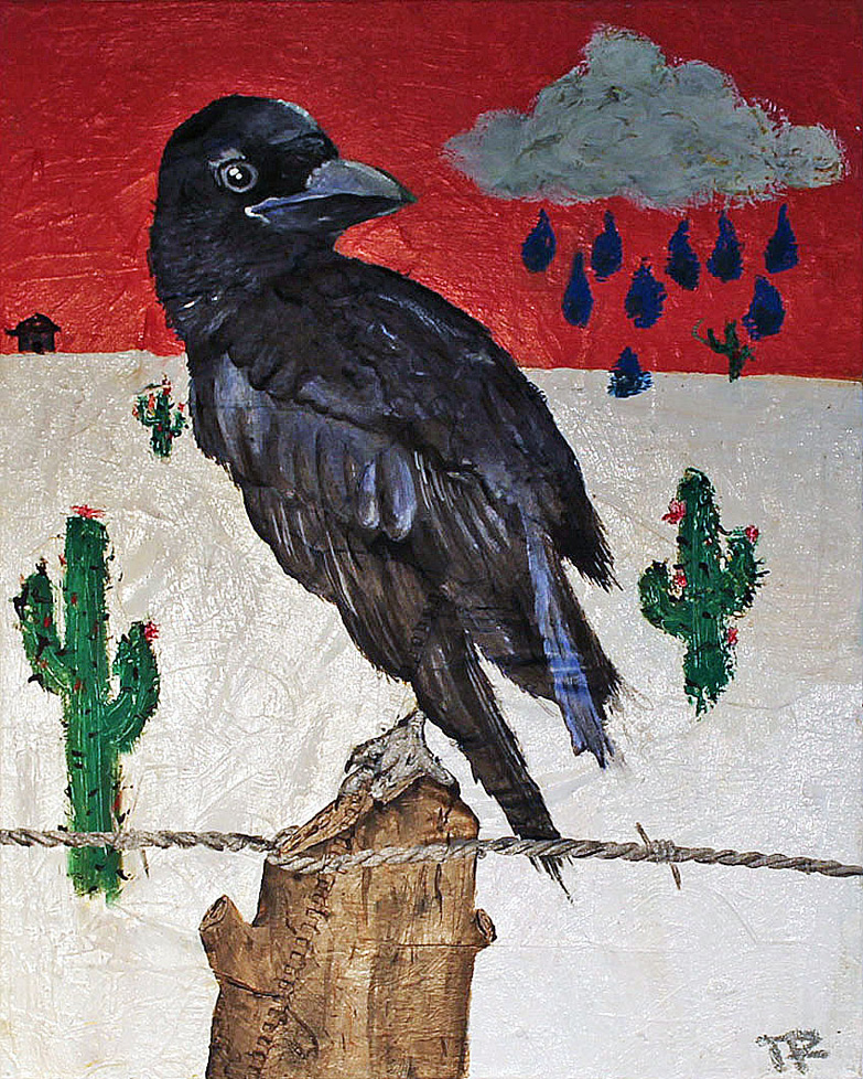 painting: black bird on fence post with cacti and rain cloud