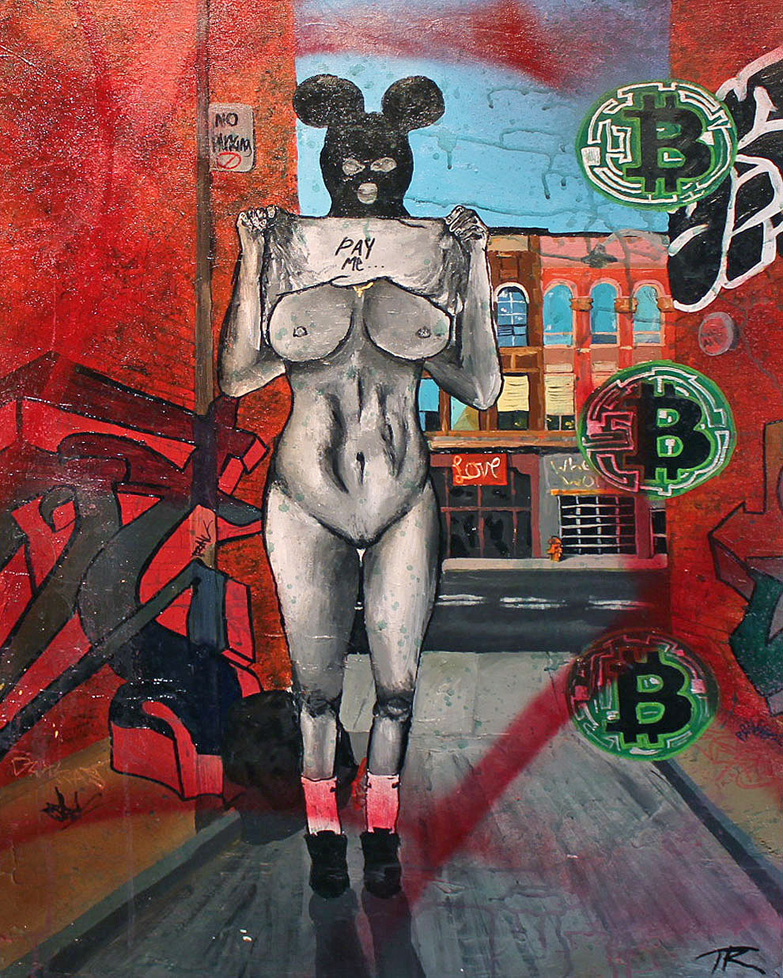 Painting of woman on street flashing wearing mask and mouse ears with floating Bitcoin logos