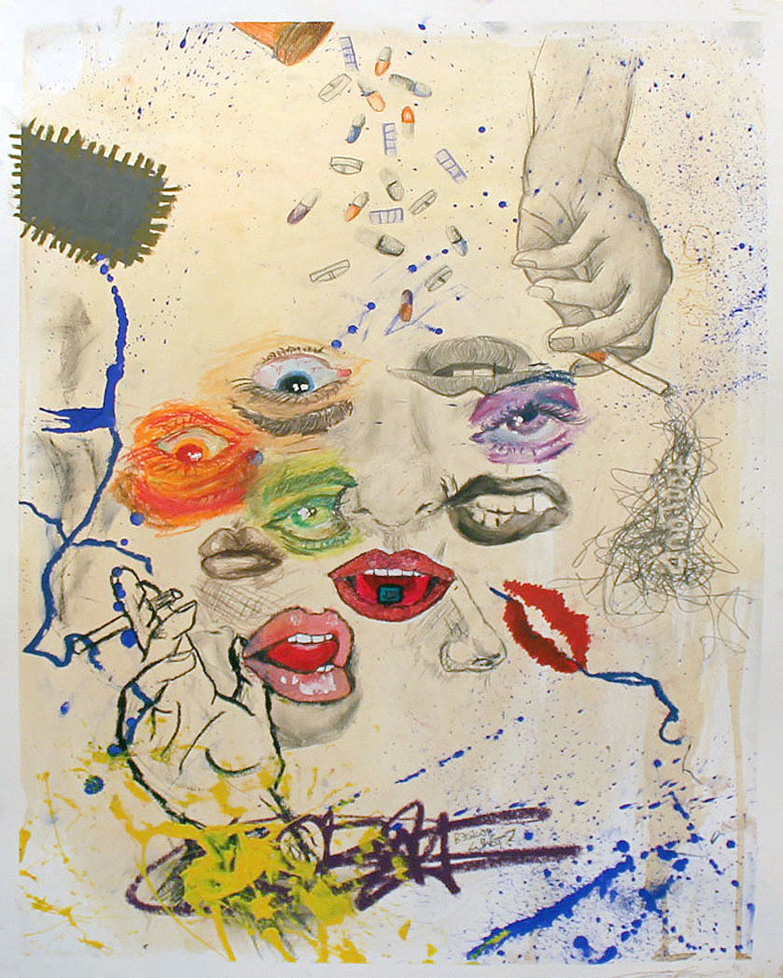drawing/painting of floating pills, mouths, and eyes around a nose with two hands holding cigarettes