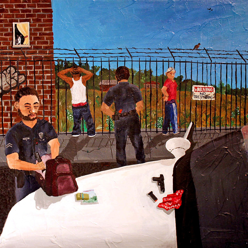 painting: cops searching the backpack of suspects standing against a fence