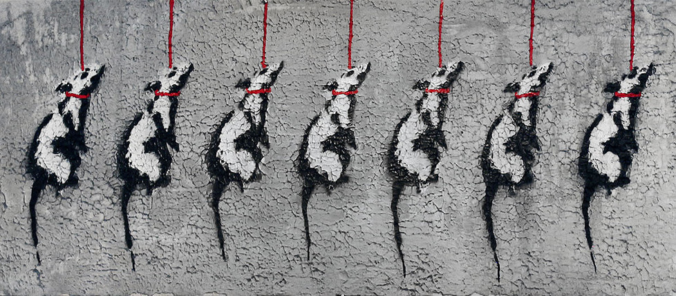 painting: seven rats, each hung by it's neck with a red string