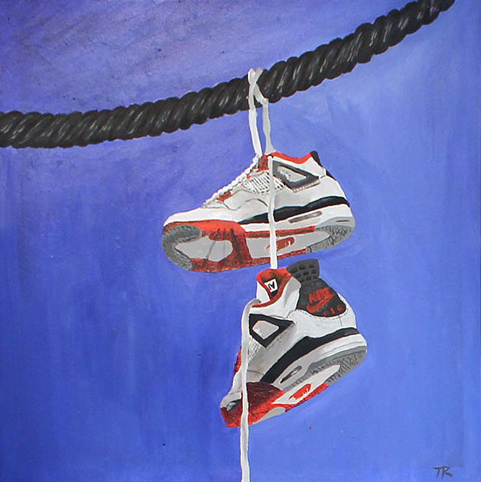 painting: Nikes hanging from a cable