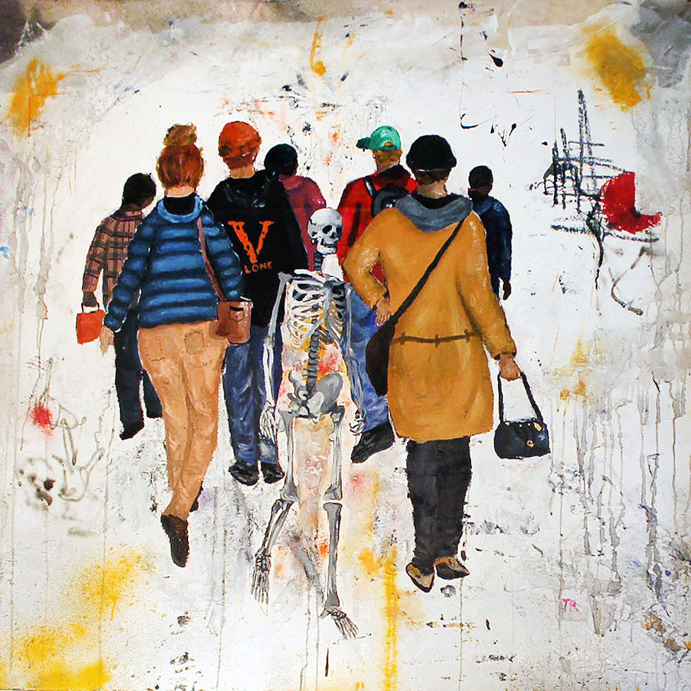 painting: a group of people walking away and a skeleton walking forward