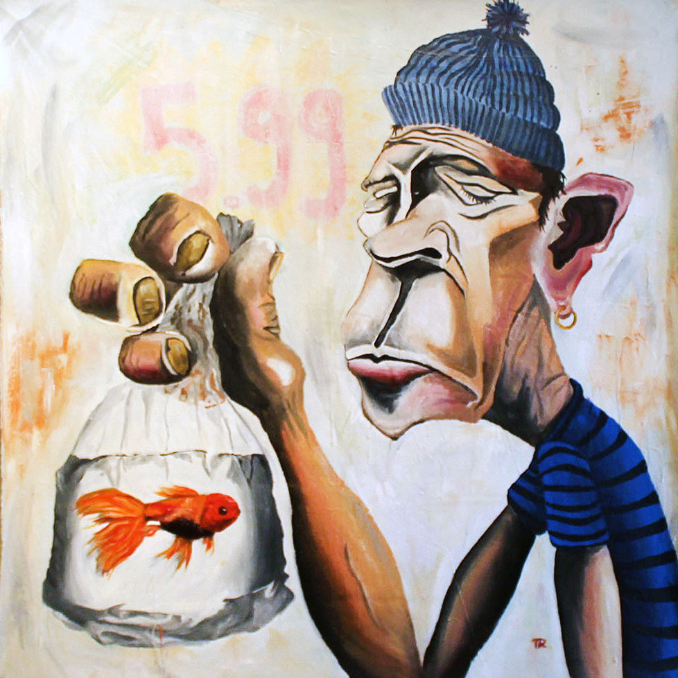 painting: grotesque figure holding a goldfish in a bag