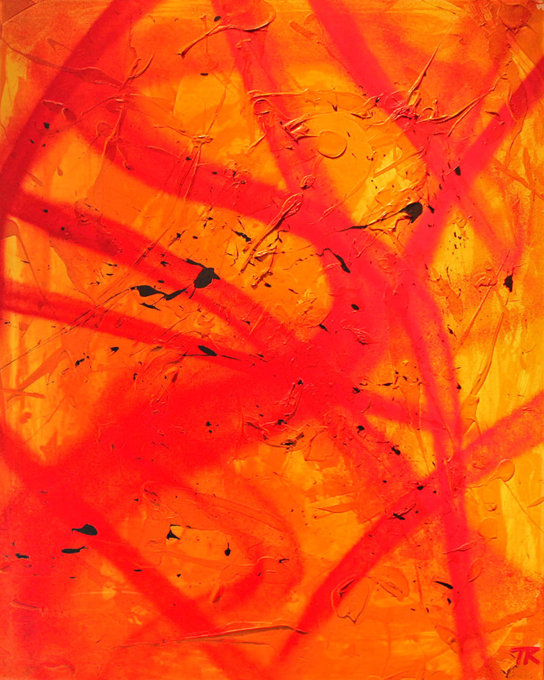 abstract painting: broad orange-red strokes over yellow with small black splatters