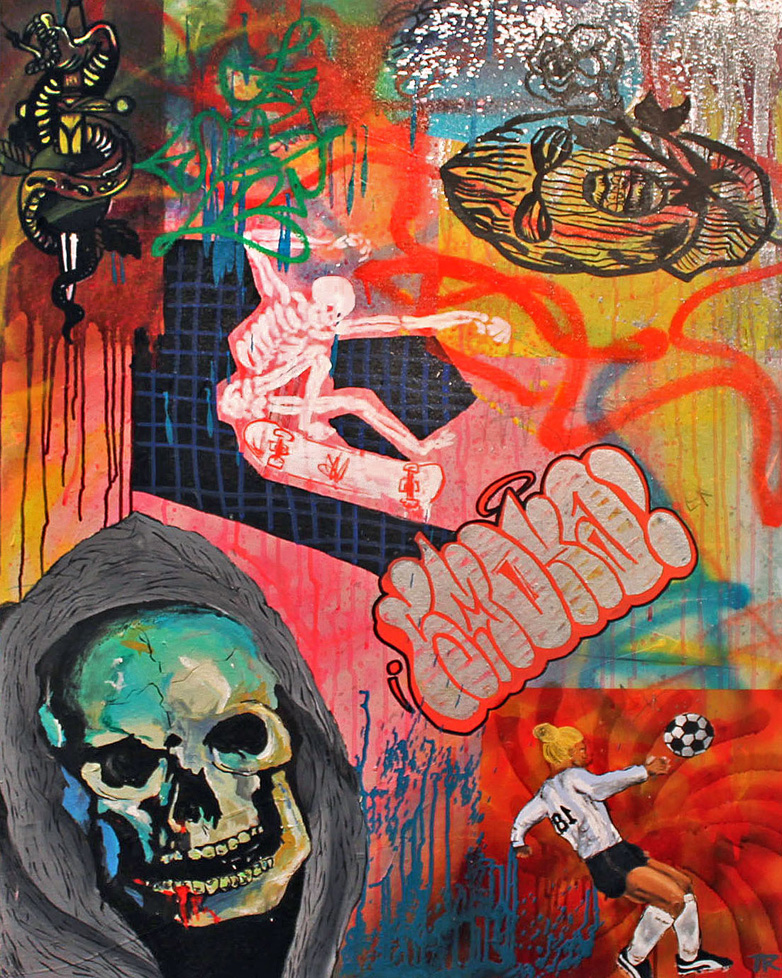 painting with a hooded skull, a skeleton skateboarding, a soccer player, and a masked face