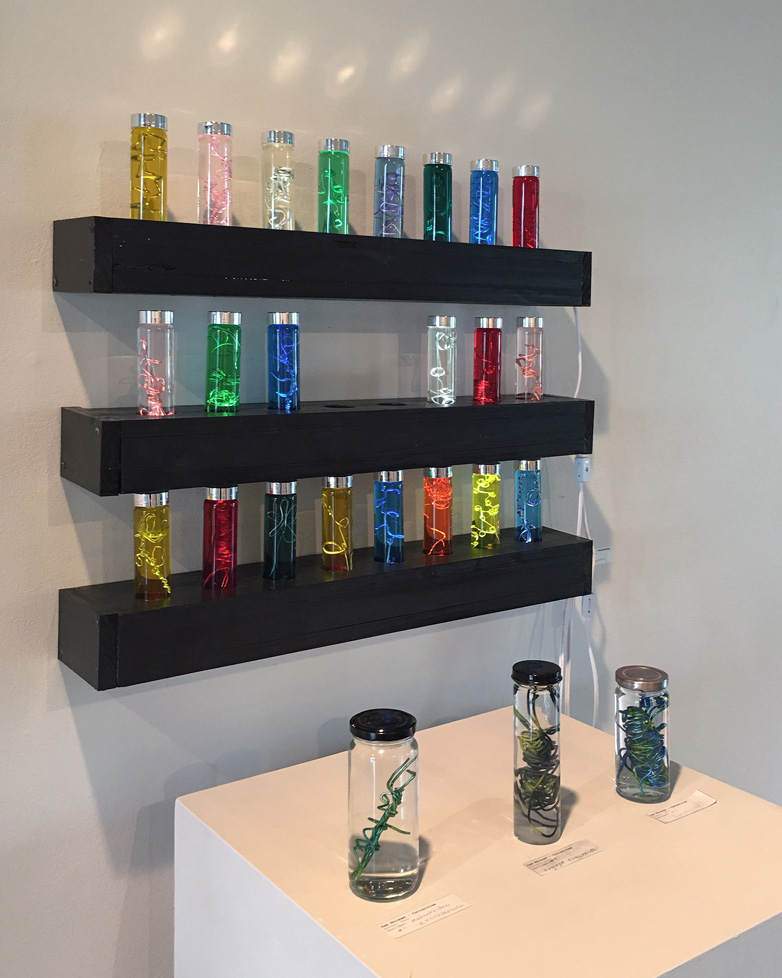 shelves with colorful bottles