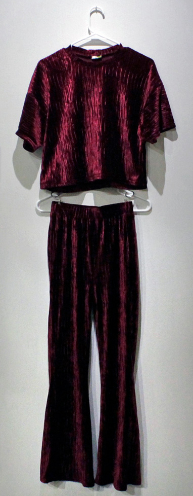 burgundy velour shirt/pants set