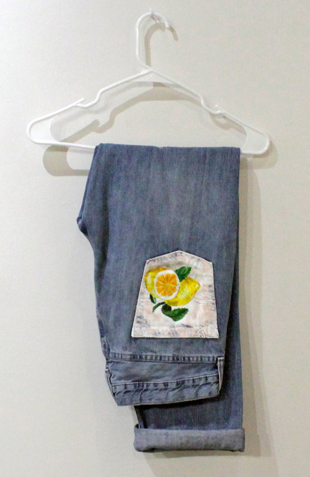 jeans with painted lemon plant pockets