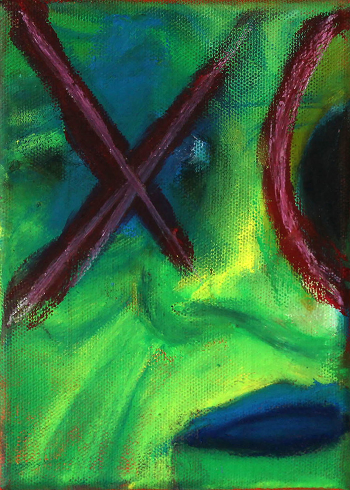 close up painting of green face with marks over eyes