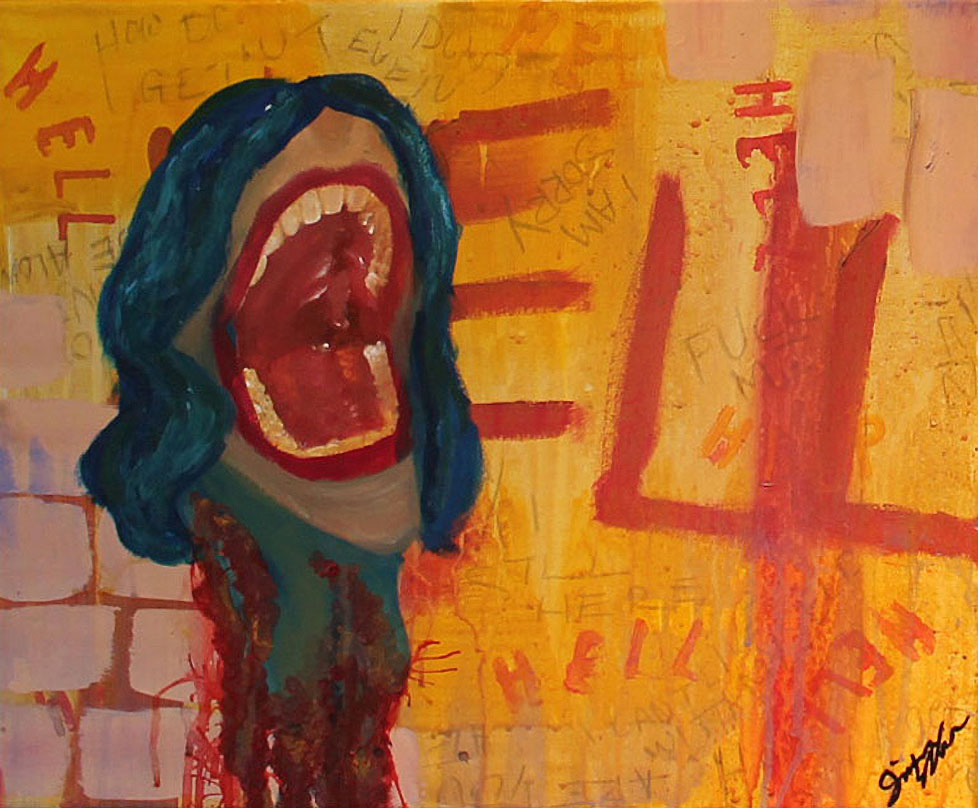 painting of screaming mouth surrounded by "HELL" lettering
