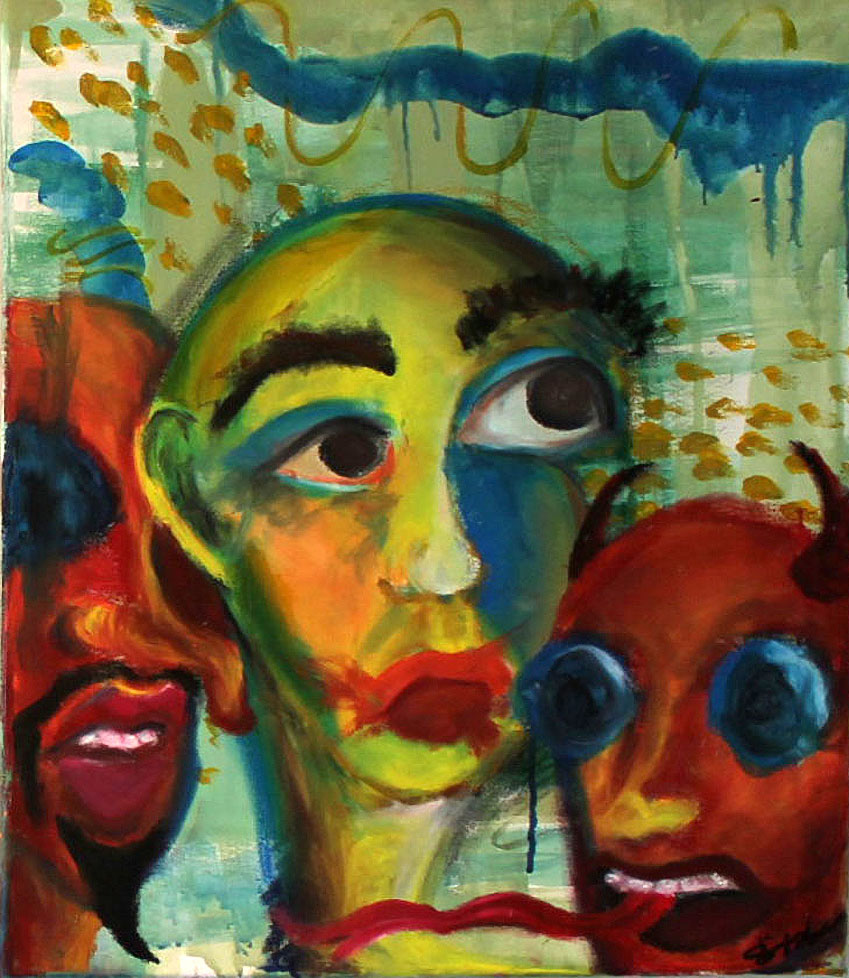 painting of three faces, two with horns