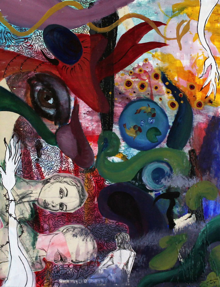 colorful painting with collaged figural drawings
