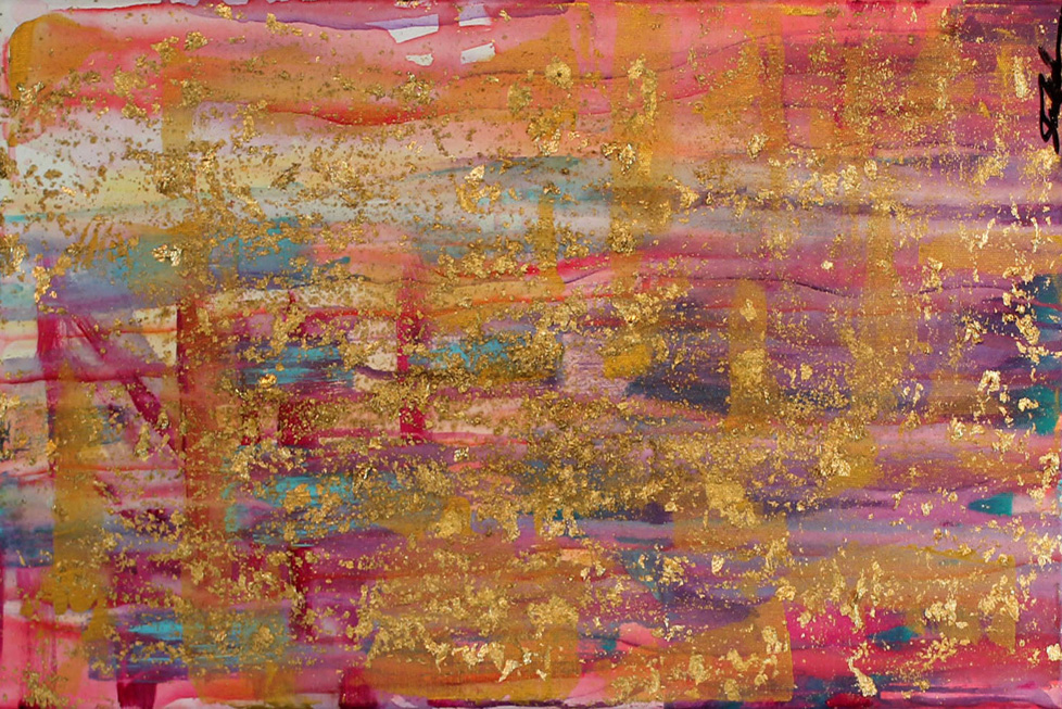 colorful abstract painting with golden splatters