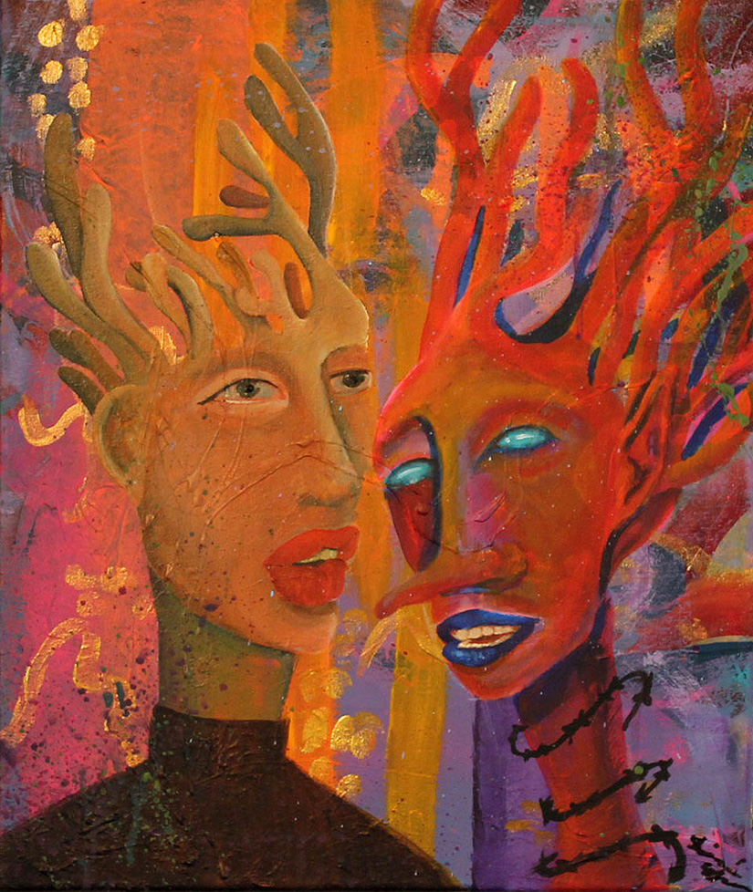 painting of two faces with antler-like heads