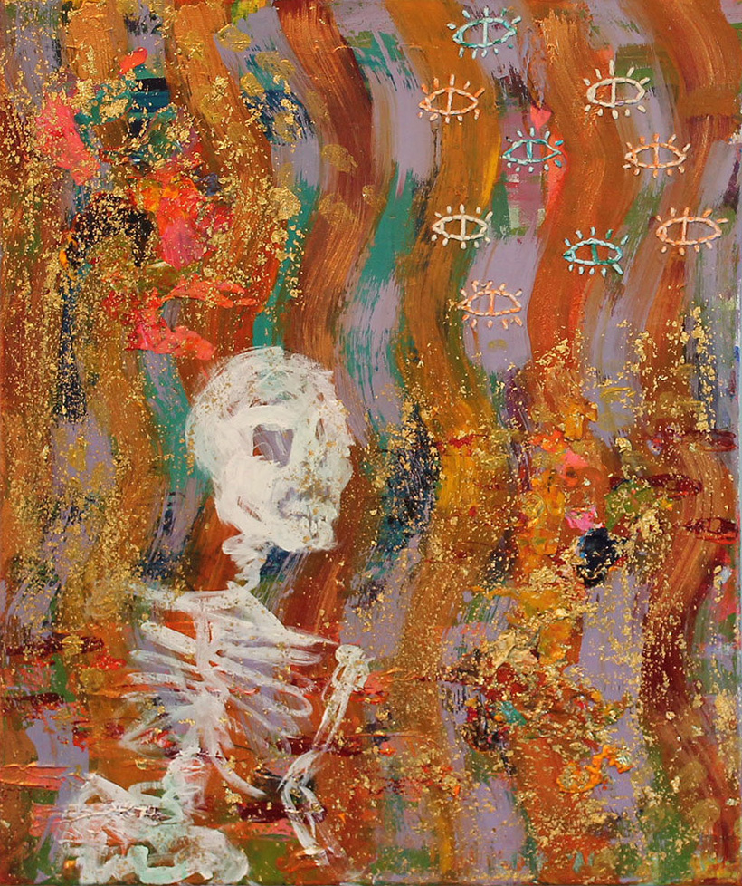 skeleton painting with stitched eye shapes and golden splatters