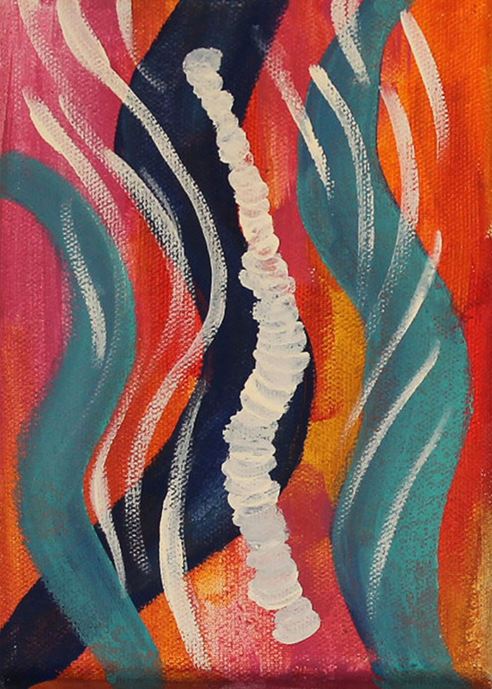painting resembling a spinal column on a wavy background