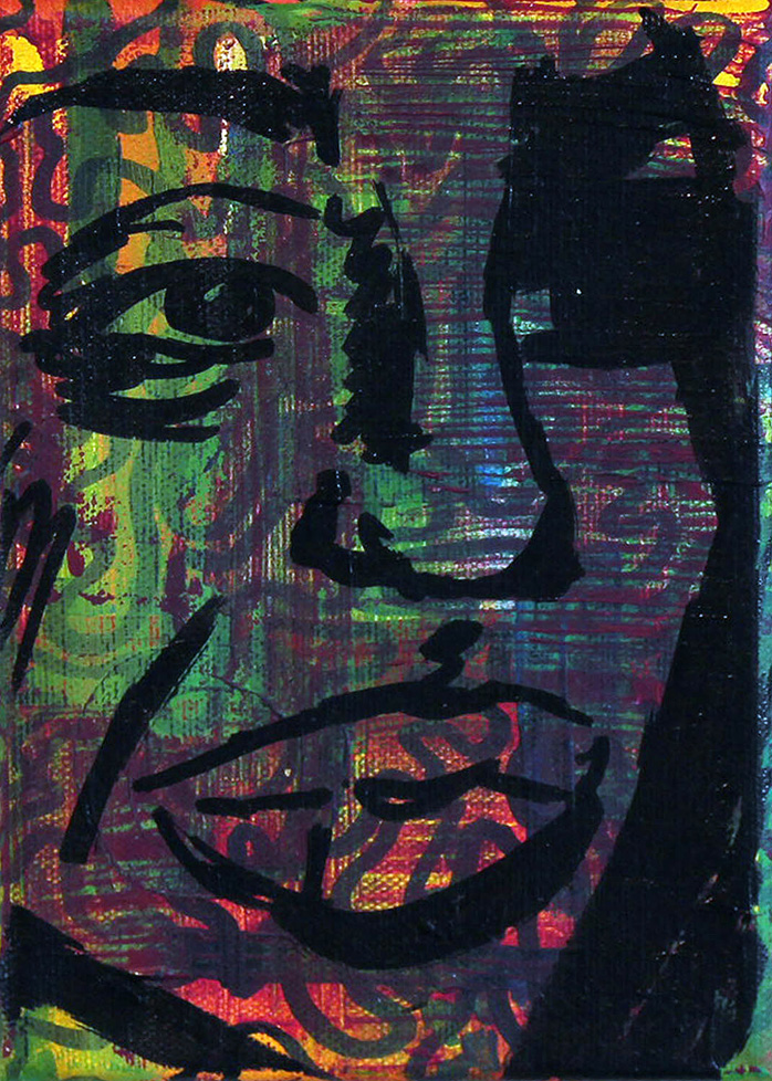 face paintied in black outlines over a colorful ground