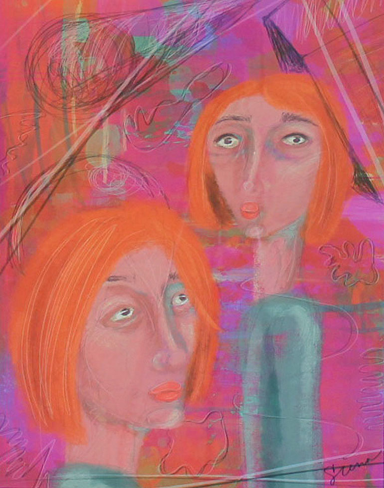 print of digital drawing of two people with lots of orange and pink