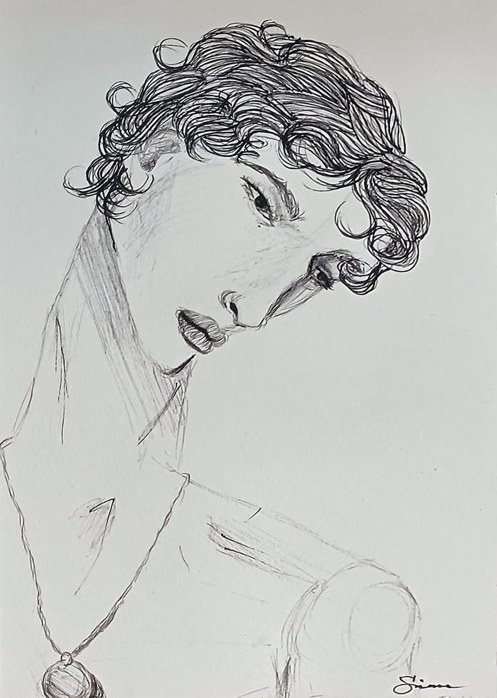 drawing of person with short curly hair, long neck, and necklace