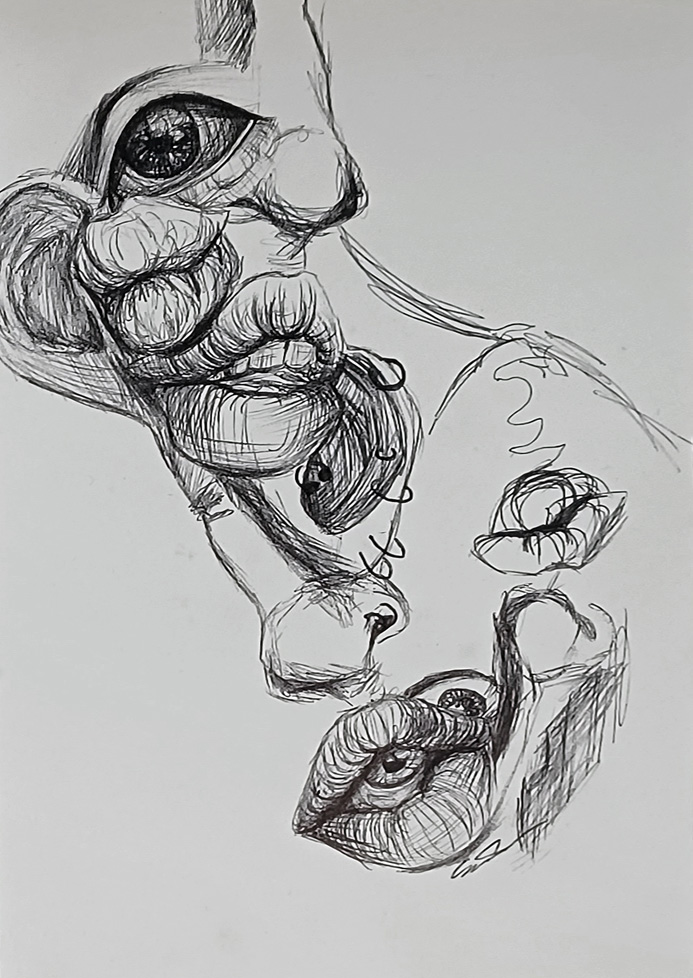 drawing of a surreal mixture of facial features