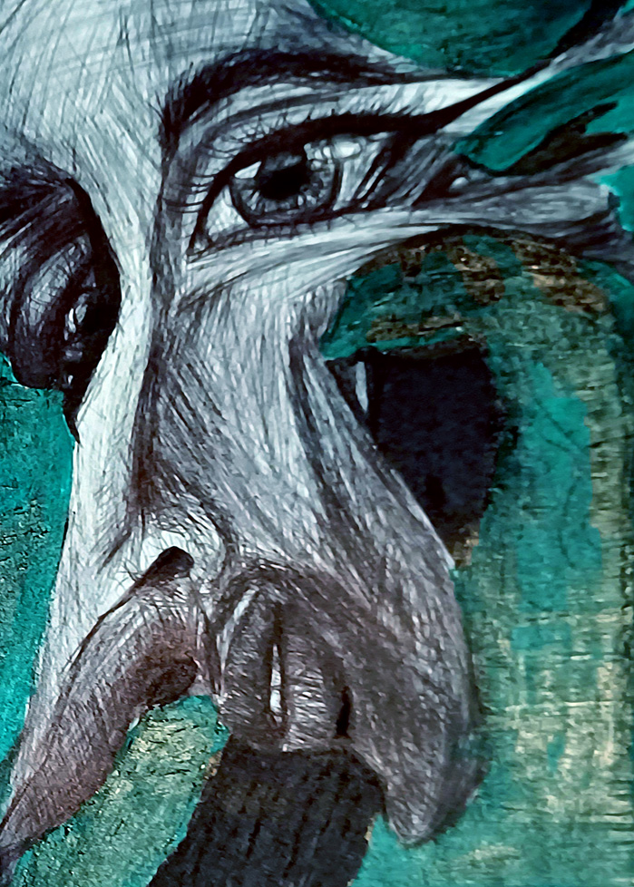 drawing of warped face on blue-green ground