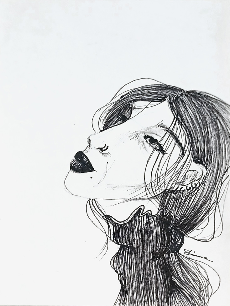 drawing of woman with long dark hair wearing turtleneck