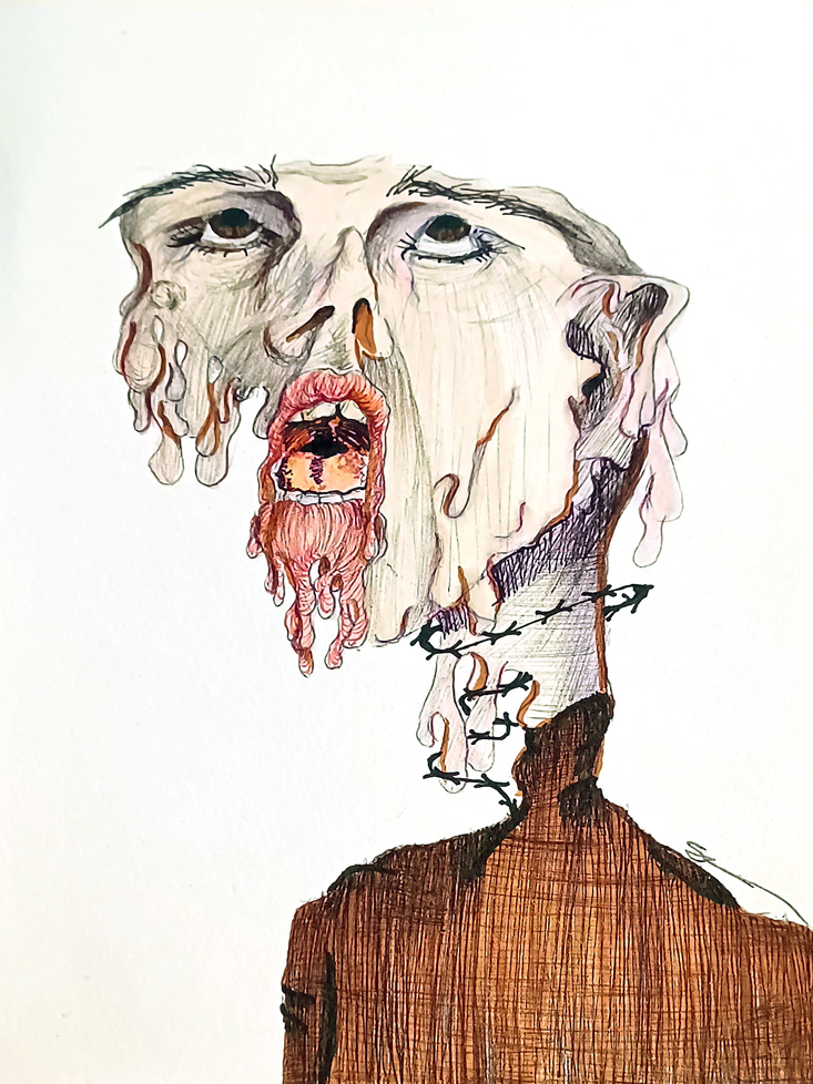 grotesque drawing of melting face in color